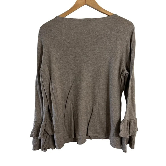 Chicos Beige Brown Knit Top 2 Ruffled Bell Sleeves Pullover Round Neck Neutral - Picture 2 of 5